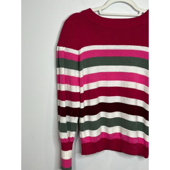 LOFT Striped Knit Crewneck Sweater Pink Green Burgundy Women’s Medium - Picture 3 of 11